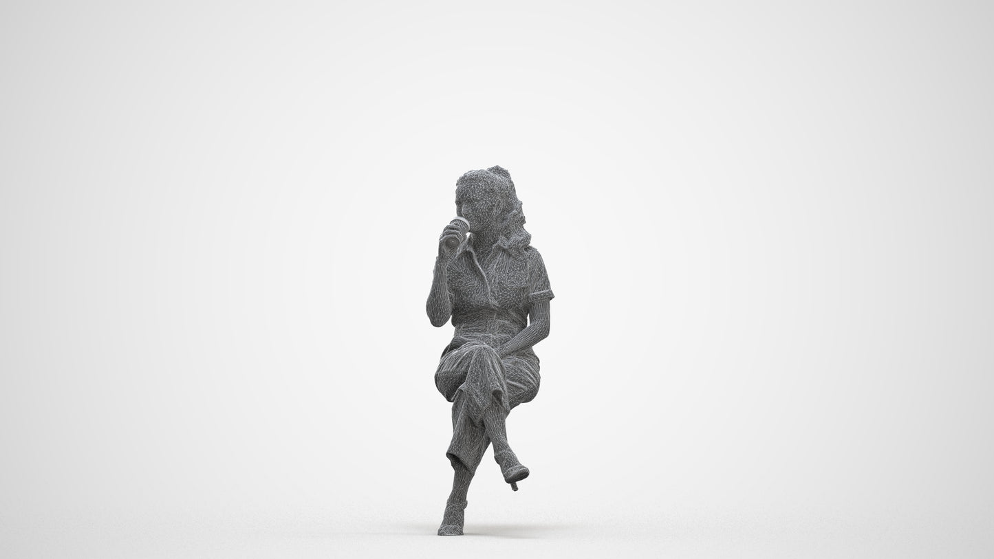 3D scanned woman sitting formal, photorealistic archviz people for Enscape and SketchUp, three-quarter front view render