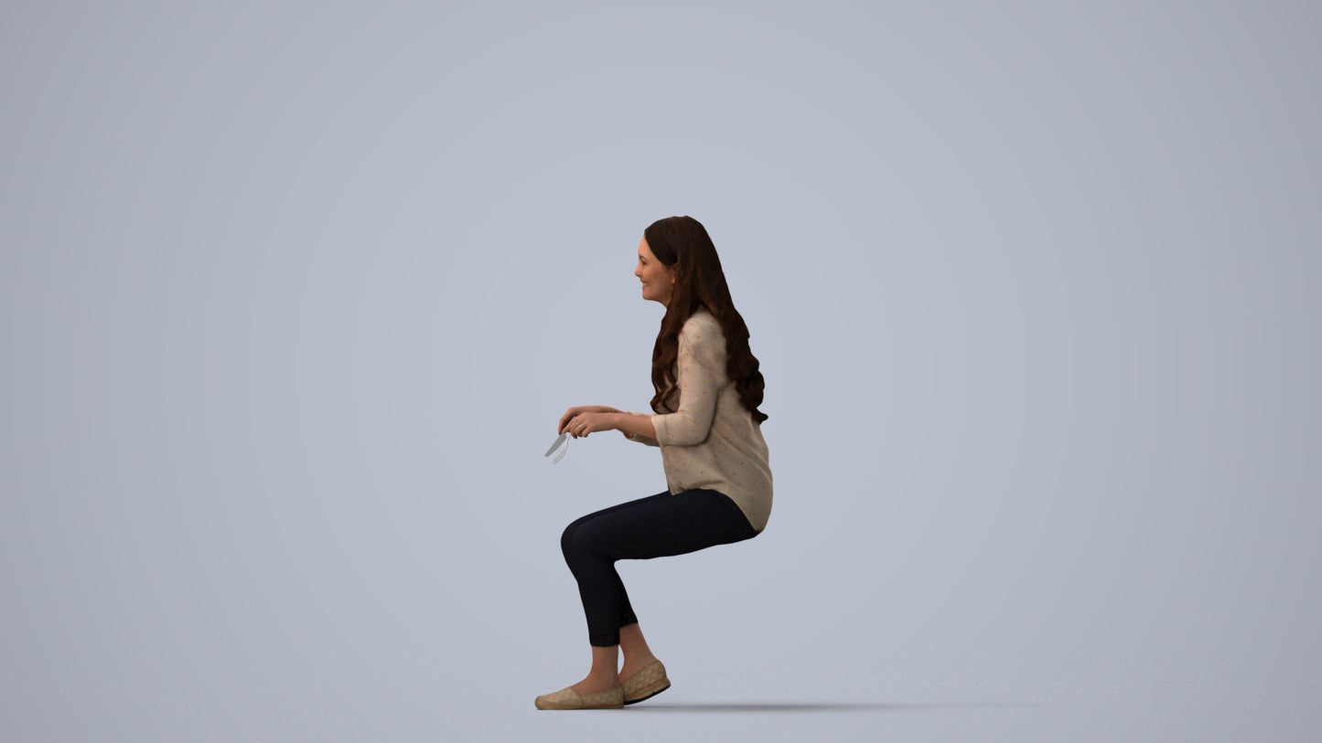 scanned 3D woman casual sitting, photogrammetry people for Enscape and V-Ray, three-quarter view render