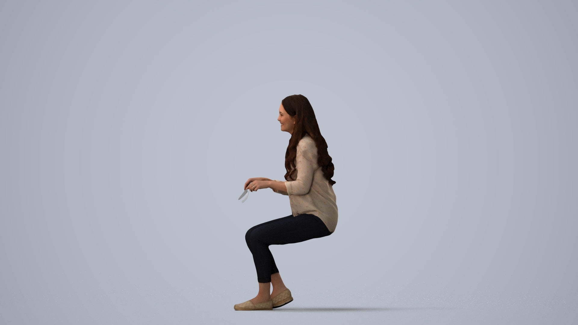 scanned 3D woman casual sitting, photogrammetry people for Enscape and V-Ray, three-quarter view render