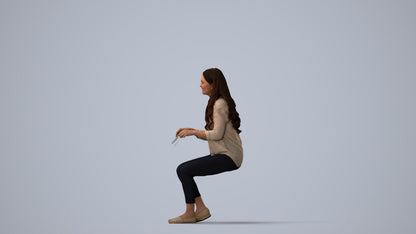 scanned 3D woman casual sitting, photogrammetry people for Enscape and V-Ray, three-quarter view render