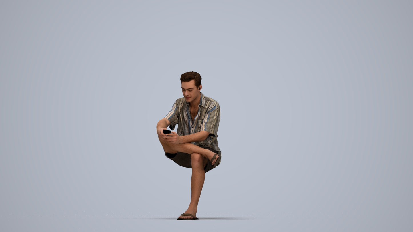 realistic 3D man casual sitting, scanned archviz people for Blender and 3ds Max, top-down view render