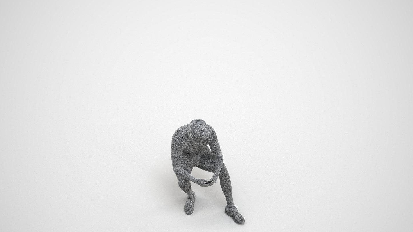 realistic 3D human man casual sitting, archviz people FBX OBJ for Blender, wireframe three-quarter view