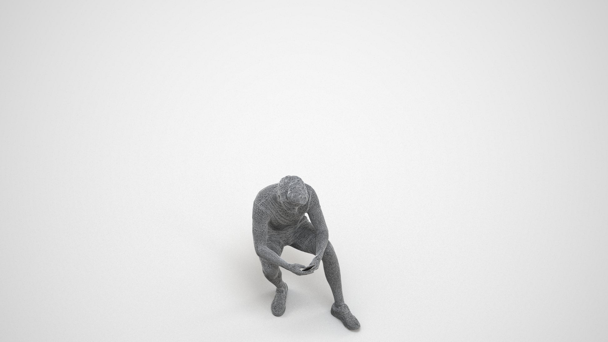 realistic 3D human man casual sitting, archviz people FBX OBJ for Blender, wireframe three-quarter view