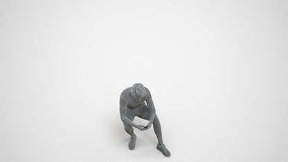 realistic 3D human man casual sitting, archviz people FBX OBJ for Blender, wireframe three-quarter view