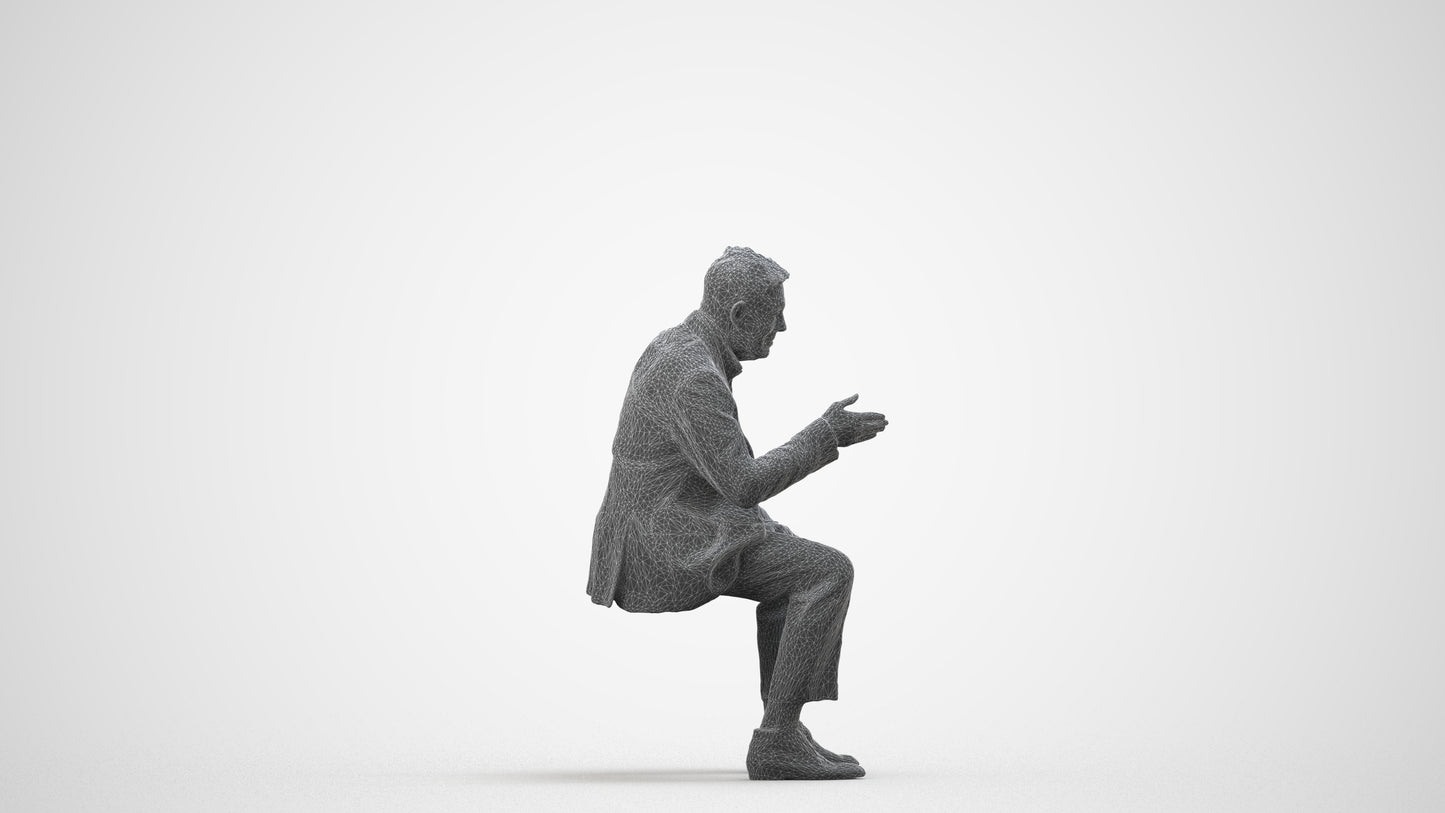 3D scanned senior man business, photorealistic archviz people for Enscape and SketchUp, wireframe side view