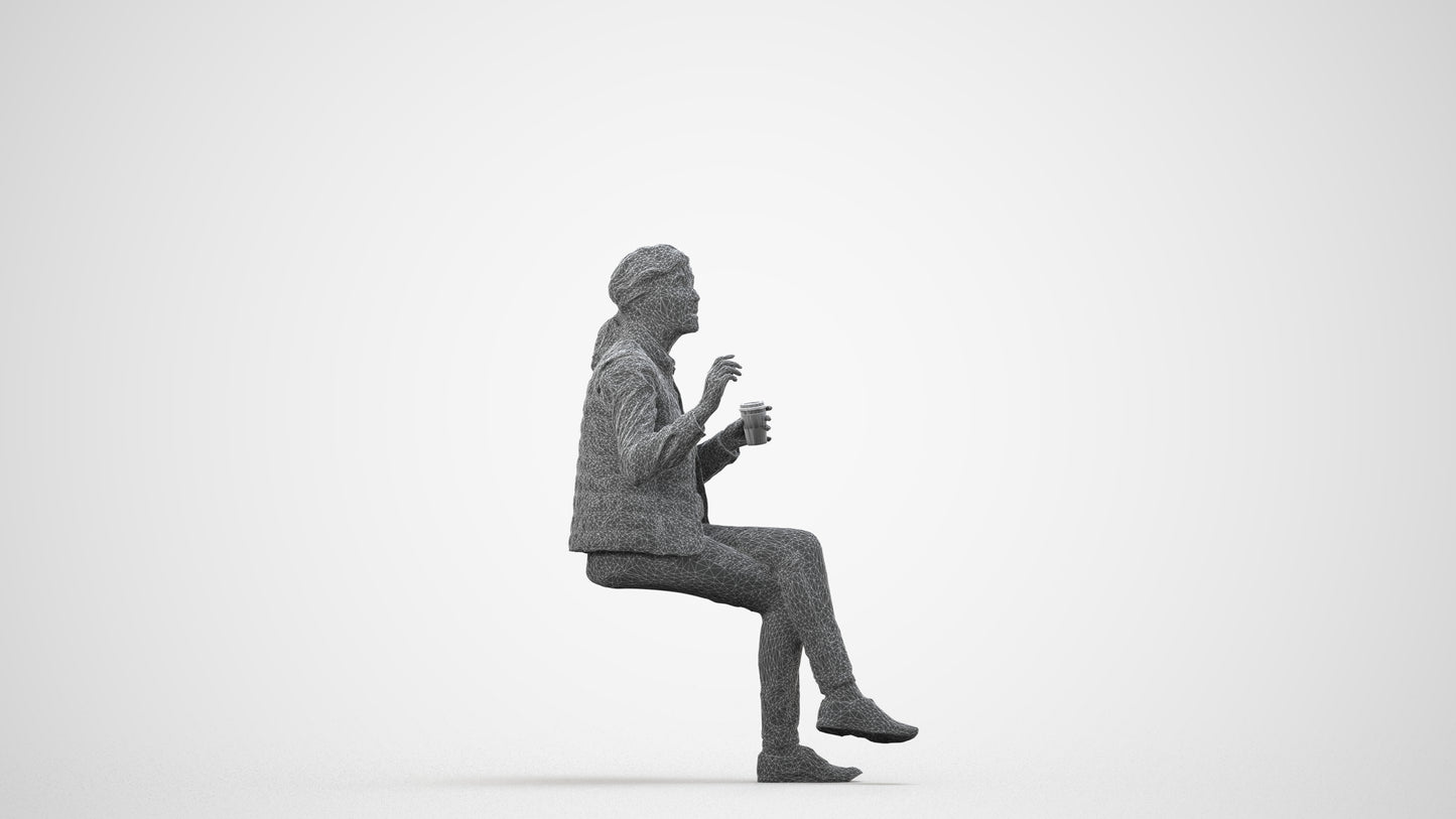 realistic 3D people senior woman casual sitting, render-ready for V-Ray and Corona, FBX OBJ, wireframe side view