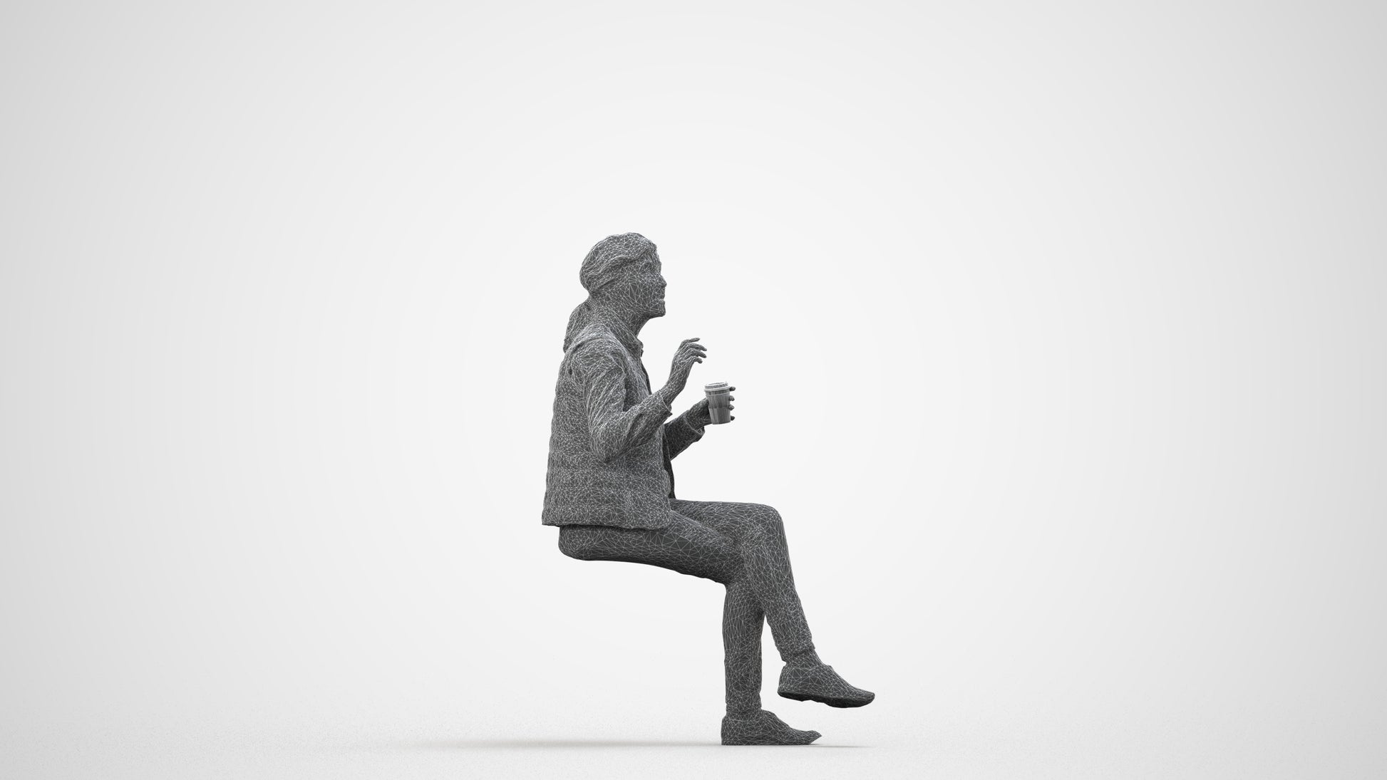 realistic 3D people senior woman casual sitting, render-ready for V-Ray and Corona, FBX OBJ, wireframe side view