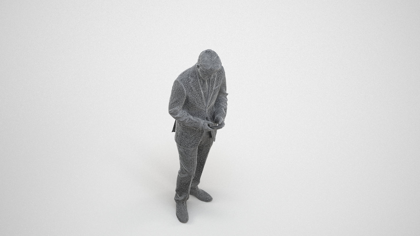 3D people model man business, scanned human for 3ds Max rendering, wireframe three-quarter view