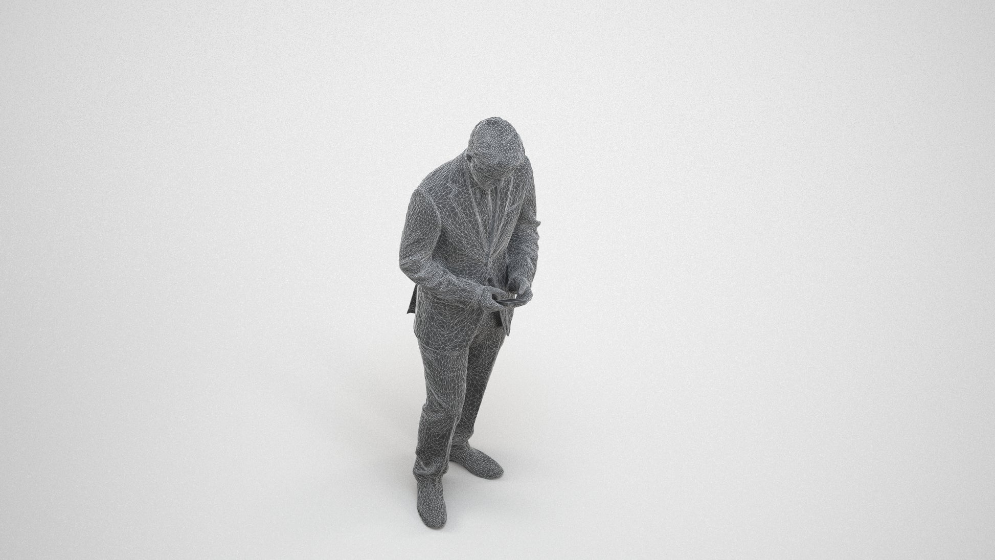 3D people model man business, scanned human for 3ds Max rendering, wireframe three-quarter view