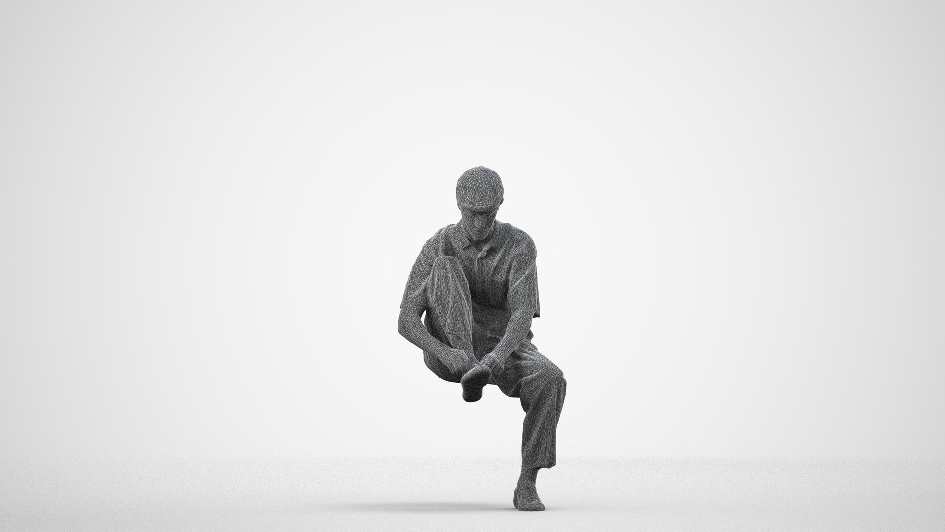 3D scanned man sitting casual, photorealistic archviz people for Enscape and SketchUp, wireframe side view
