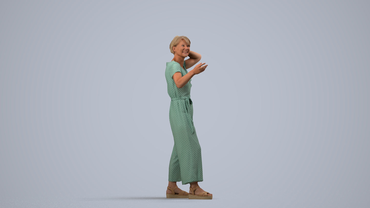 realistic 3D human senior woman casual standing, archviz people FBX OBJ for Blender, side view render