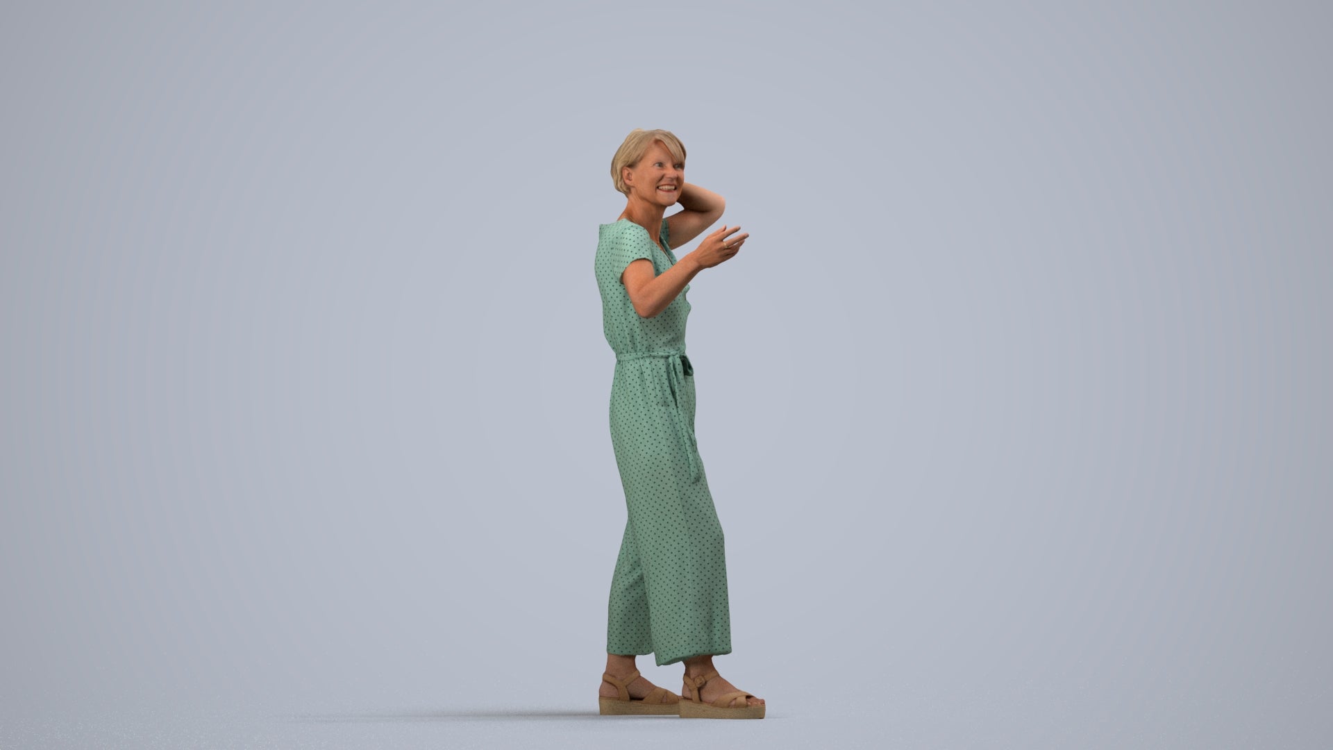 realistic 3D human senior woman casual standing, archviz people FBX OBJ for Blender, side view render