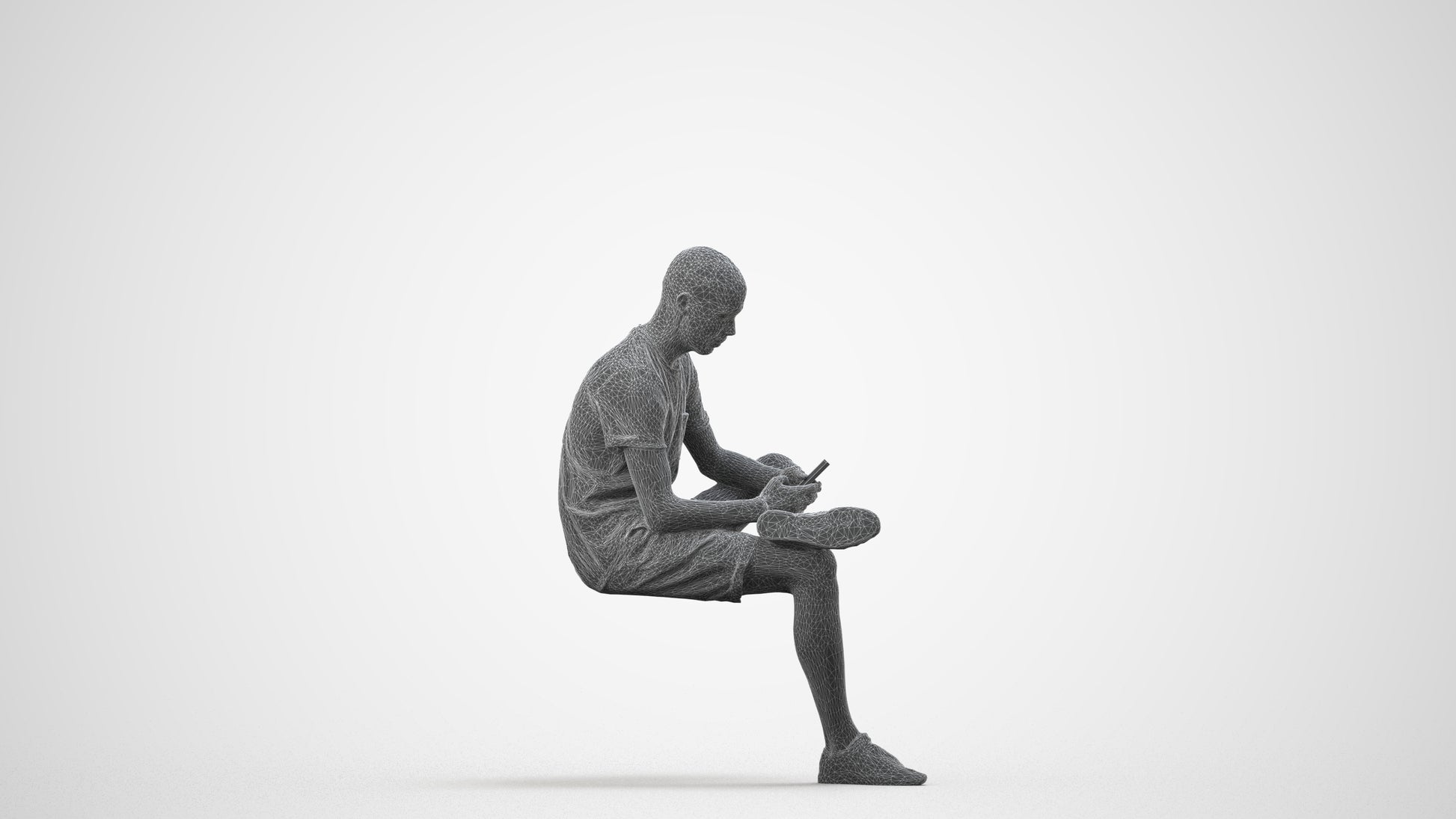 3D scanned man sitting casual, photorealistic archviz people for Enscape and SketchUp, wireframe side view