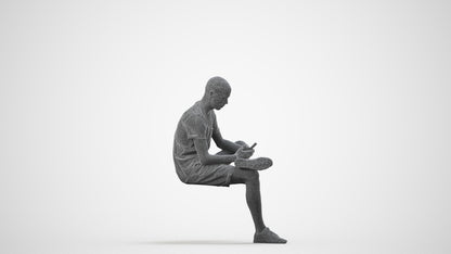 3D scanned man sitting casual, photorealistic archviz people for Enscape and SketchUp, wireframe side view