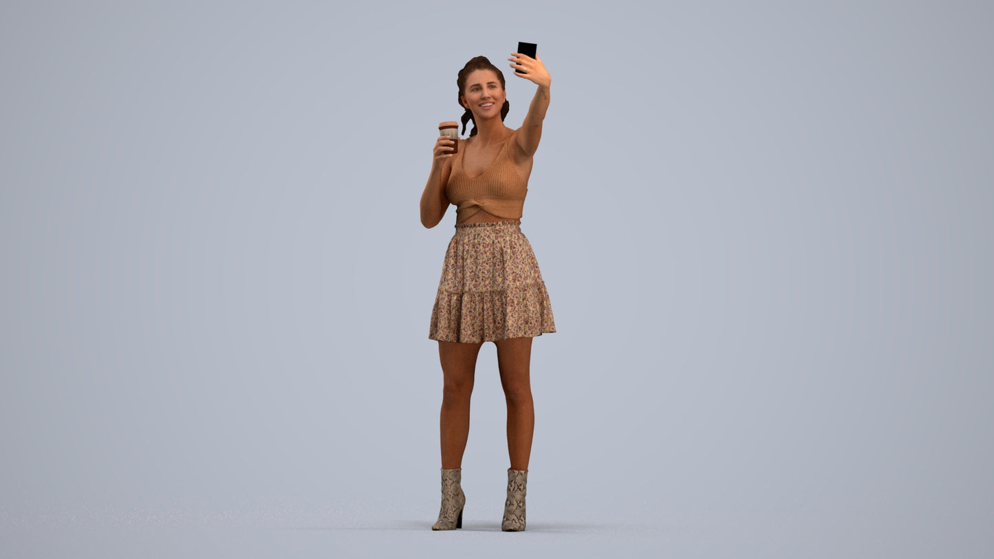 3D human model woman casual standing, photogrammetry scanned person for archviz, standing pose render