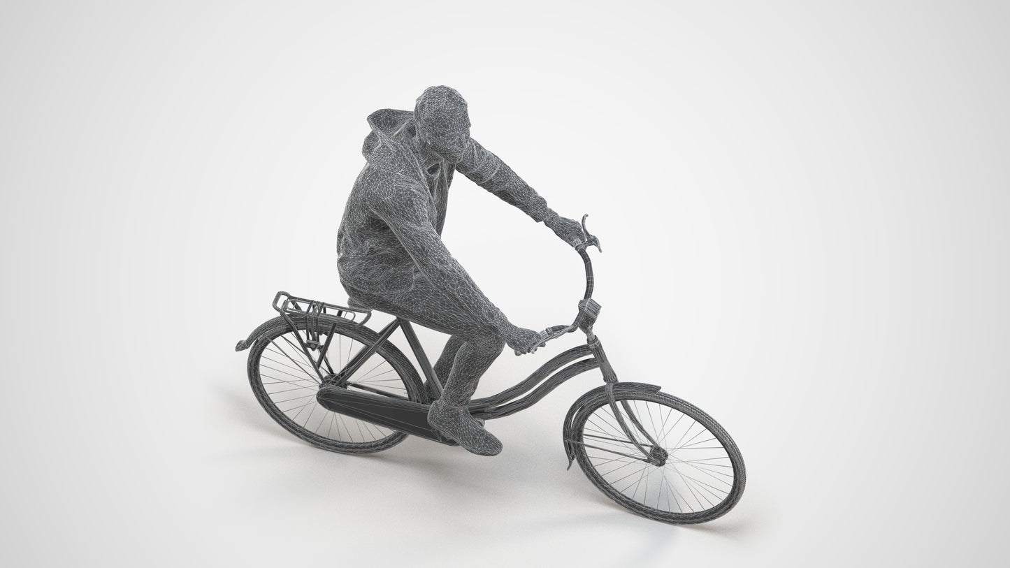 photogrammetry 3D man casual cycling, realistic human model archviz FBX, wireframe three-quarter view