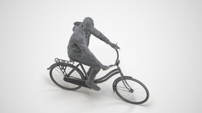photogrammetry 3D man casual cycling, realistic human model archviz FBX, wireframe three-quarter view