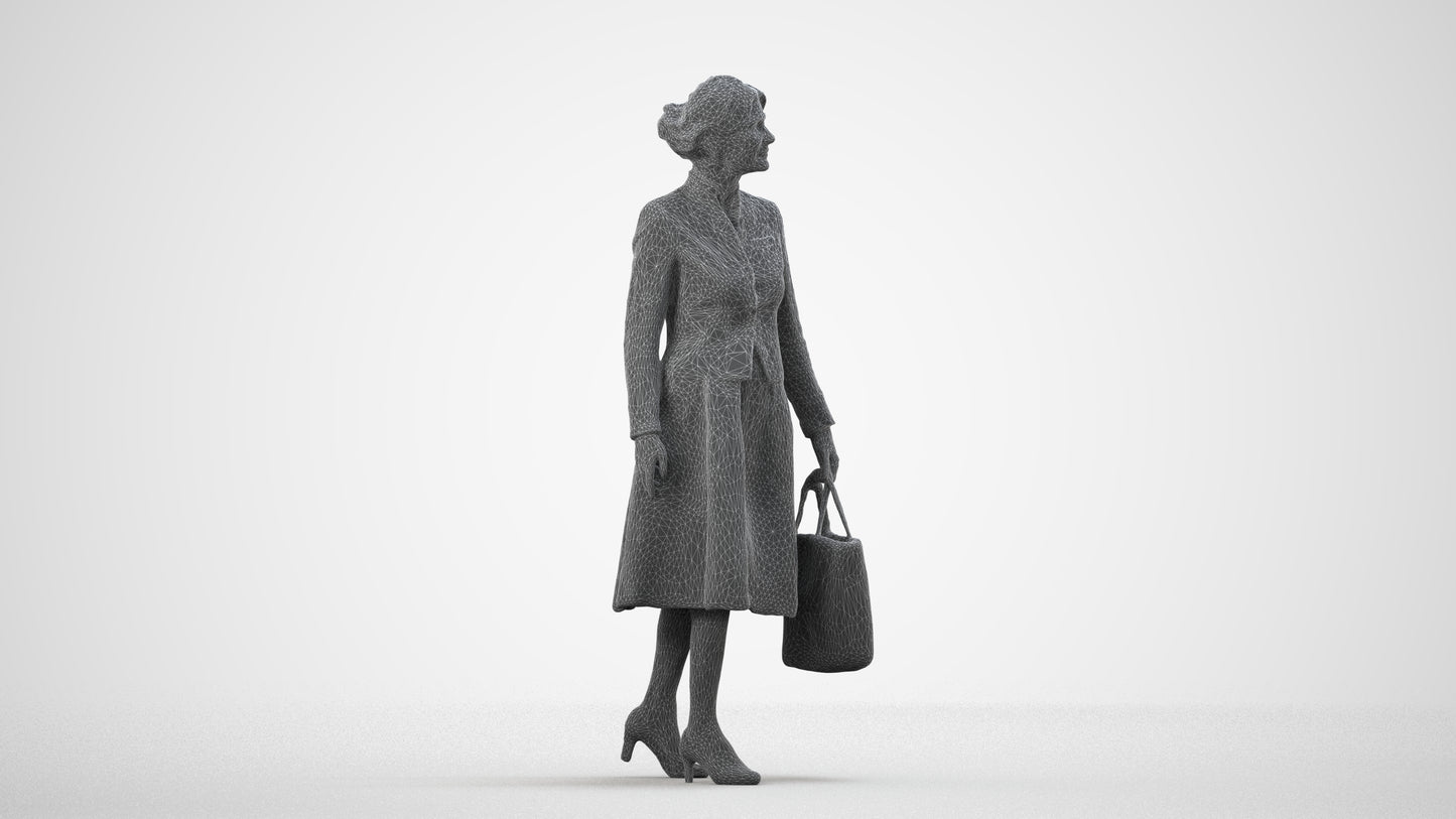 3D scanned senior woman standing business, photorealistic archviz people for Enscape and SketchUp, wireframe side view