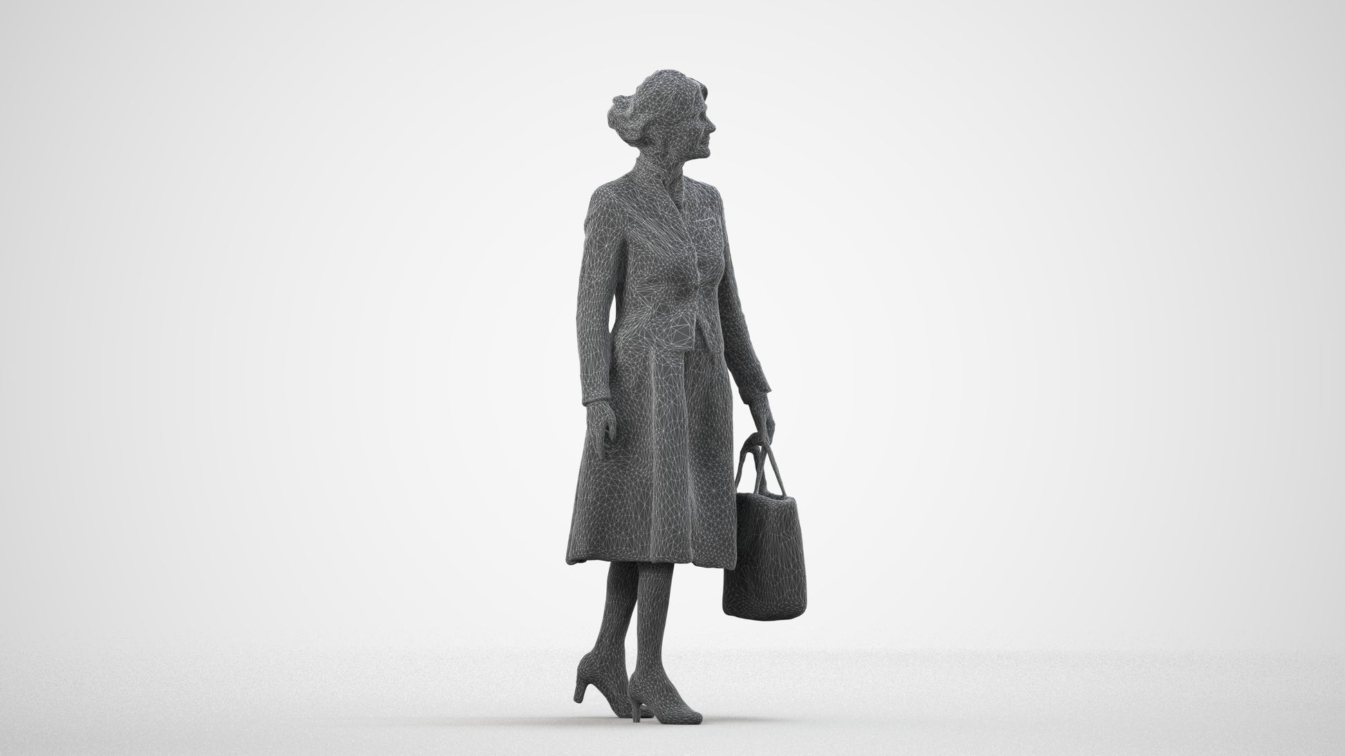 3D scanned senior woman standing business, photorealistic archviz people for Enscape and SketchUp, wireframe side view