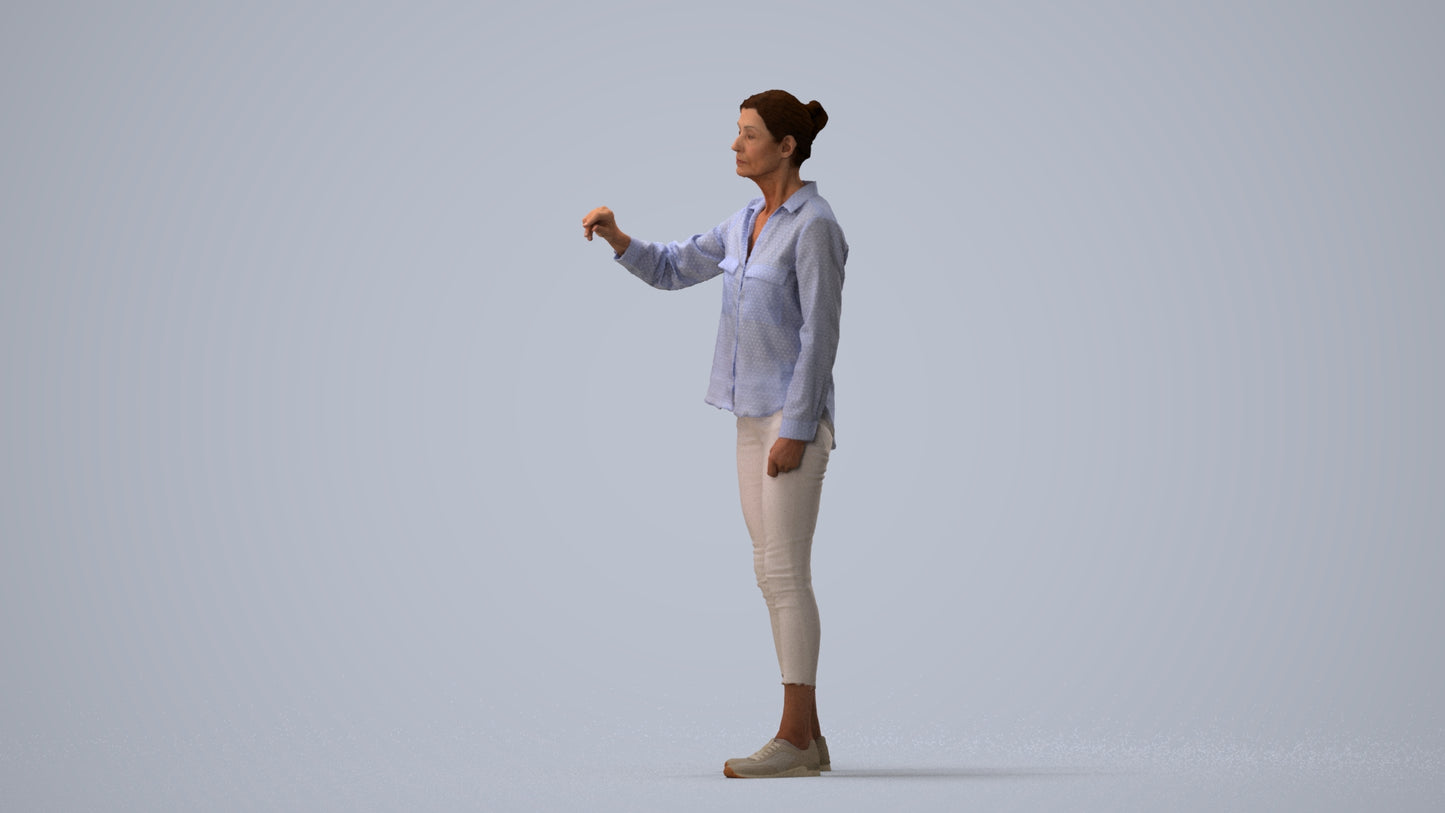 3D scanned senior woman standing casual, photorealistic archviz people for Enscape and SketchUp, three-quarter view render