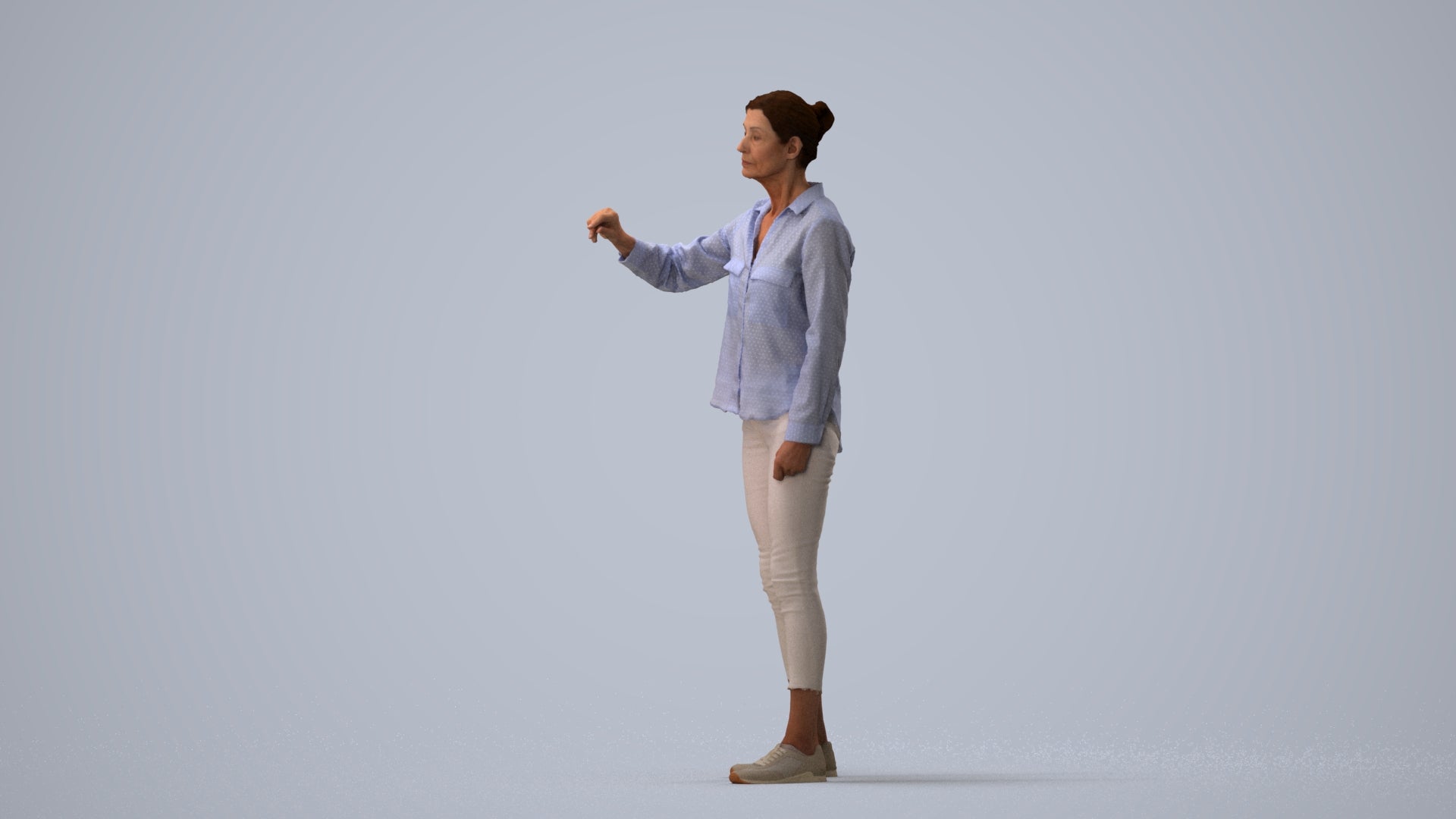 3D scanned senior woman standing casual, photorealistic archviz people for Enscape and SketchUp, three-quarter view render