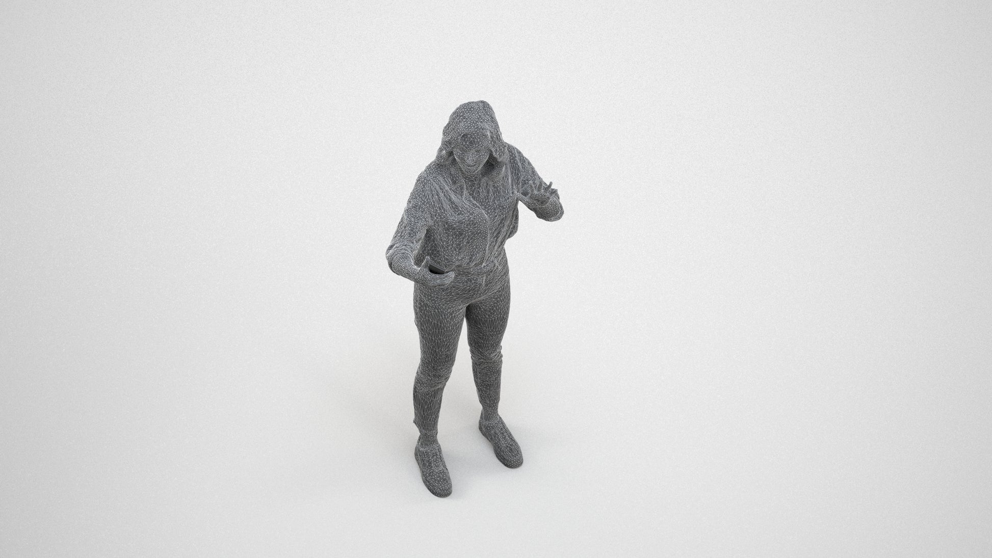 3D scanned woman standing casual, photorealistic archviz people for Enscape and SketchUp, wireframe three-quarter view