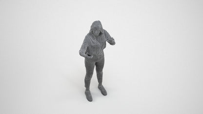 3D scanned woman standing casual, photorealistic archviz people for Enscape and SketchUp, wireframe three-quarter view