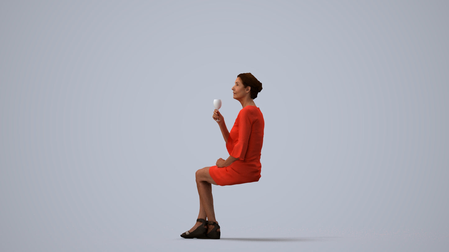 3D scanned senior woman sitting formal, photorealistic archviz people for Enscape and SketchUp, three-quarter view render