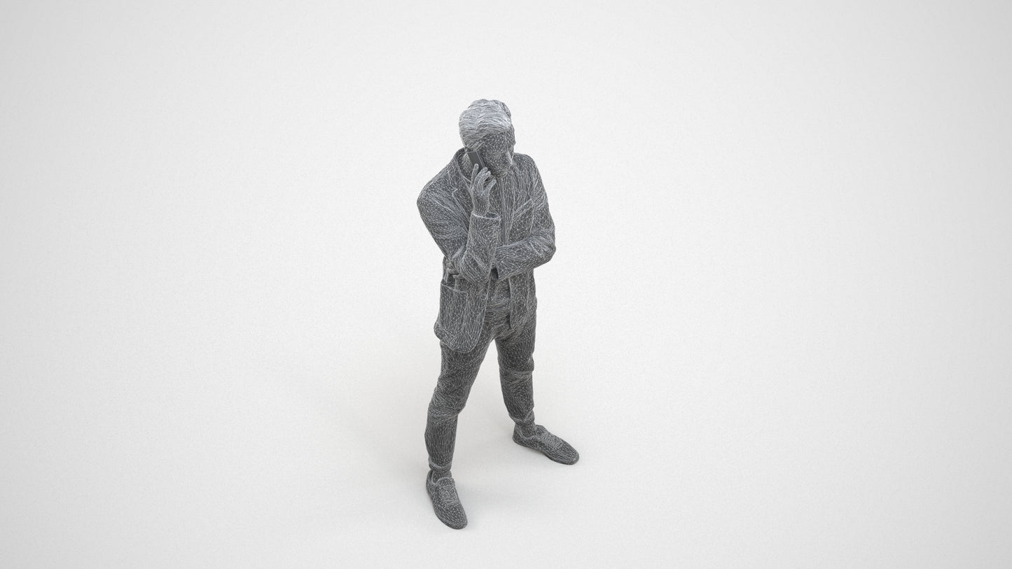 photogrammetry 3D man business standing, realistic human model archviz FBX, wireframe three-quarter view