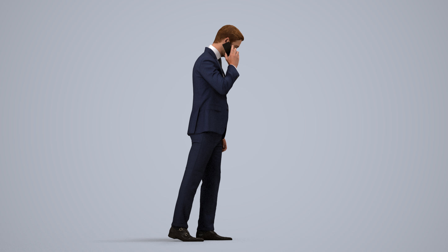 3D human model man business, photogrammetry scanned person for archviz, side view render