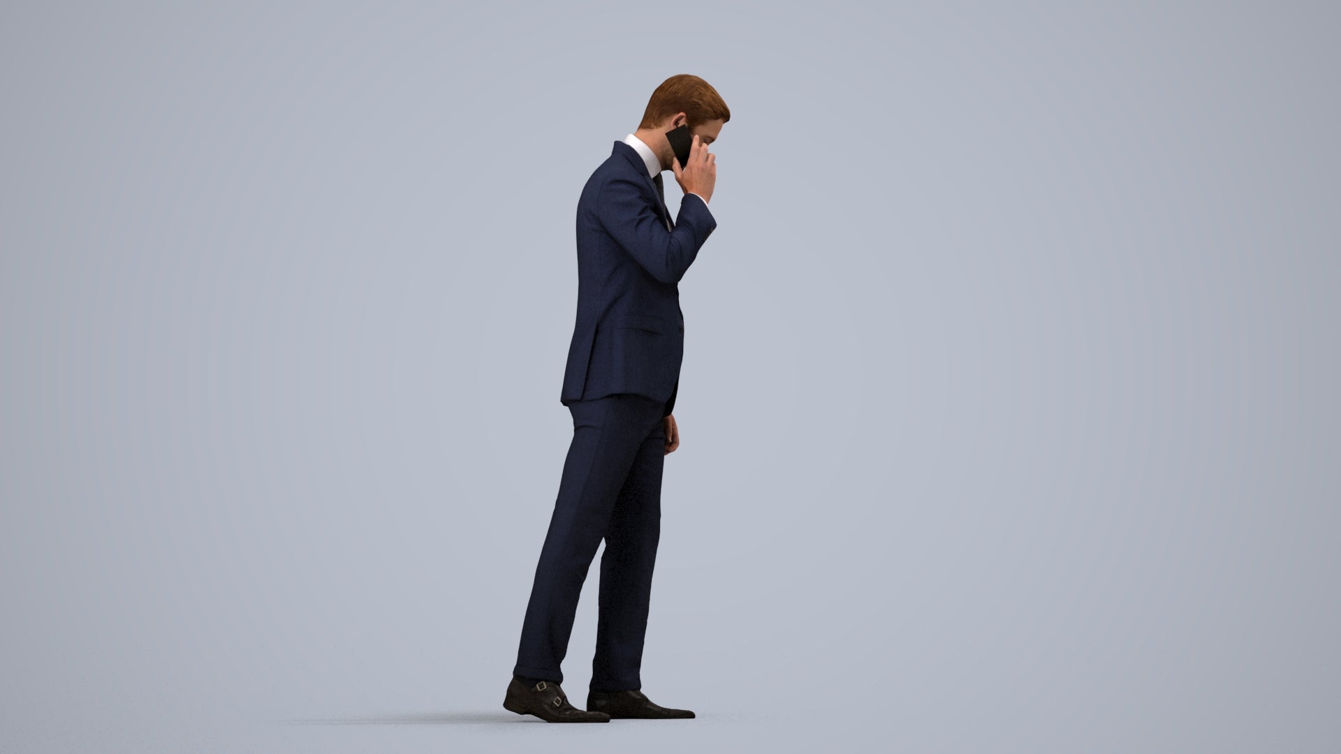 3D human model man business, photogrammetry scanned person for archviz, side view render