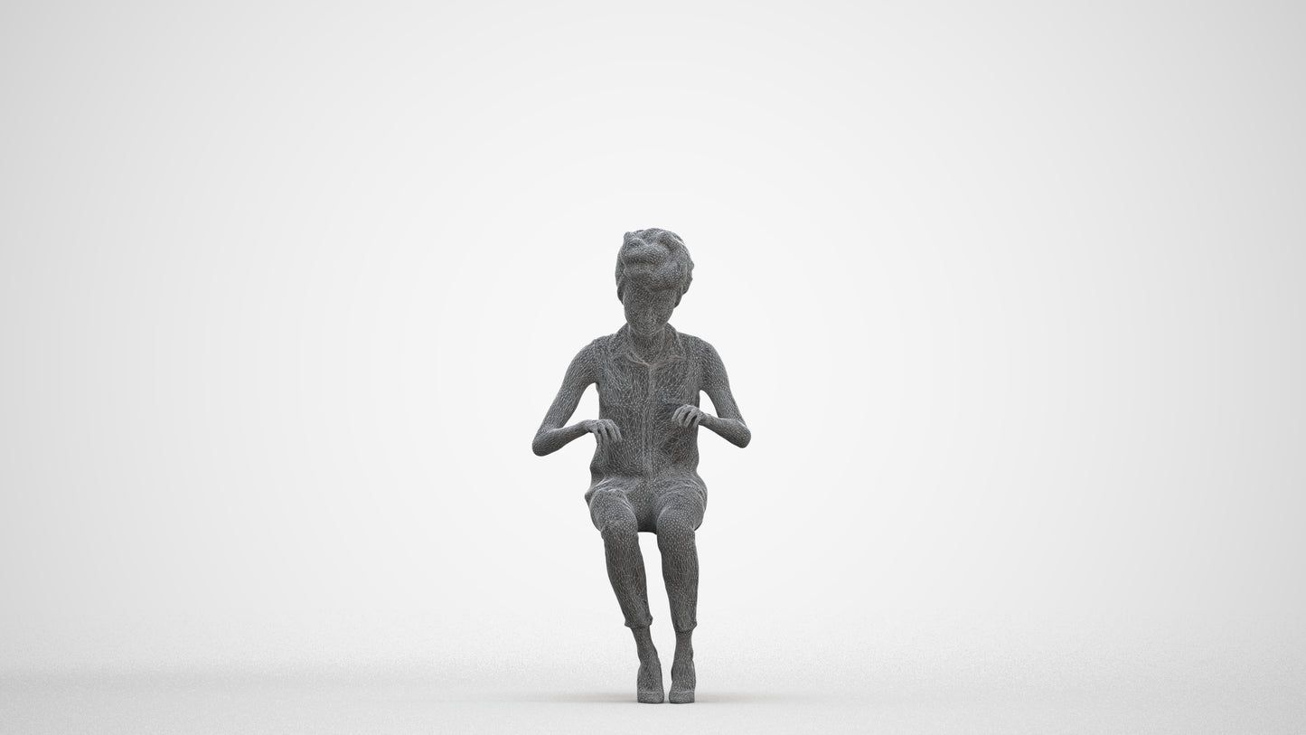 scanned 3D woman casual sitting, photogrammetry people for Enscape and V-Ray, three-quarter front view render