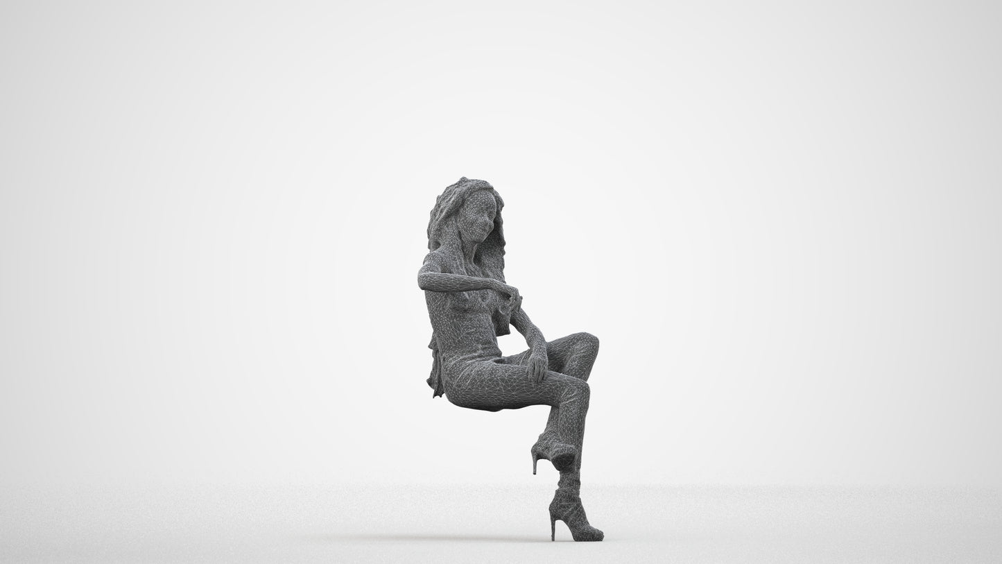 3D people model woman casual sitting, scanned human for 3ds Max rendering, wireframe side view