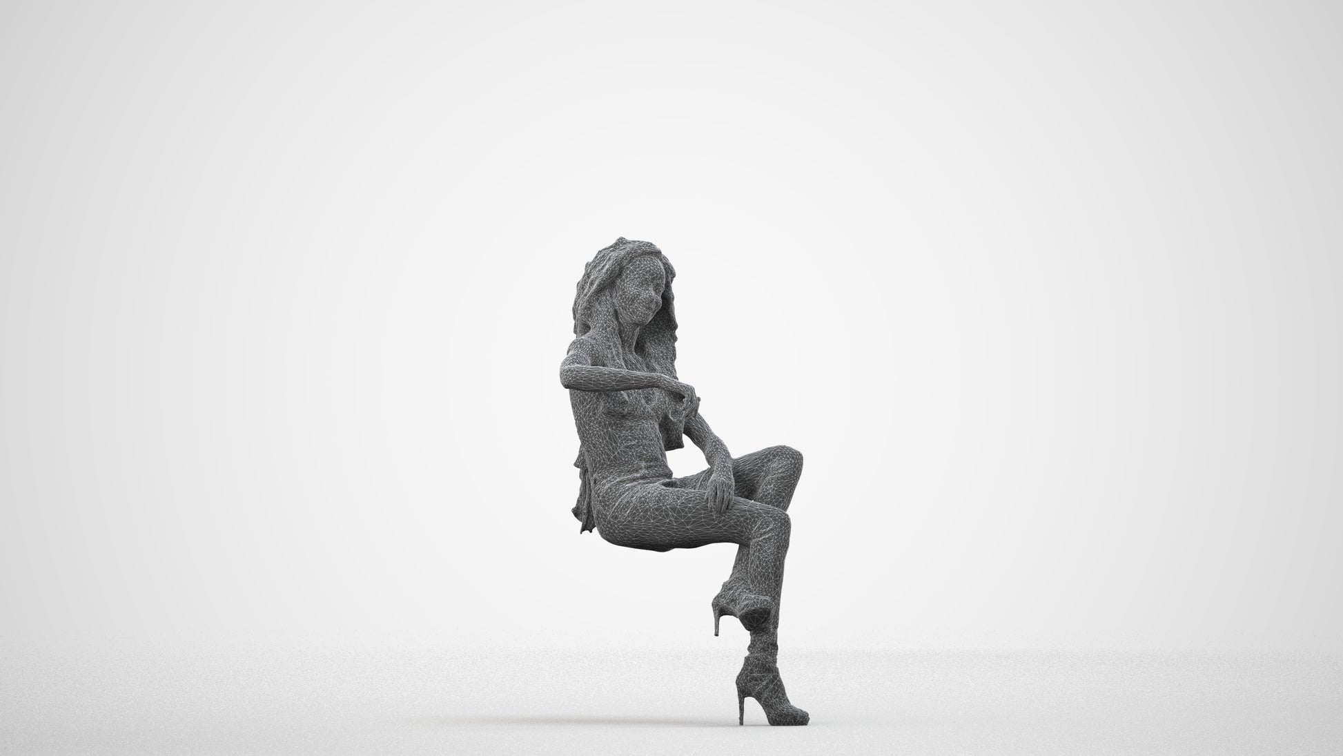 3D people model woman casual sitting, scanned human for 3ds Max rendering, wireframe side view