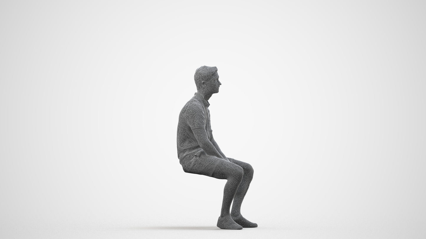 realistic 3D people man casual sitting, render-ready for V-Ray and Corona, FBX OBJ, wireframe side view