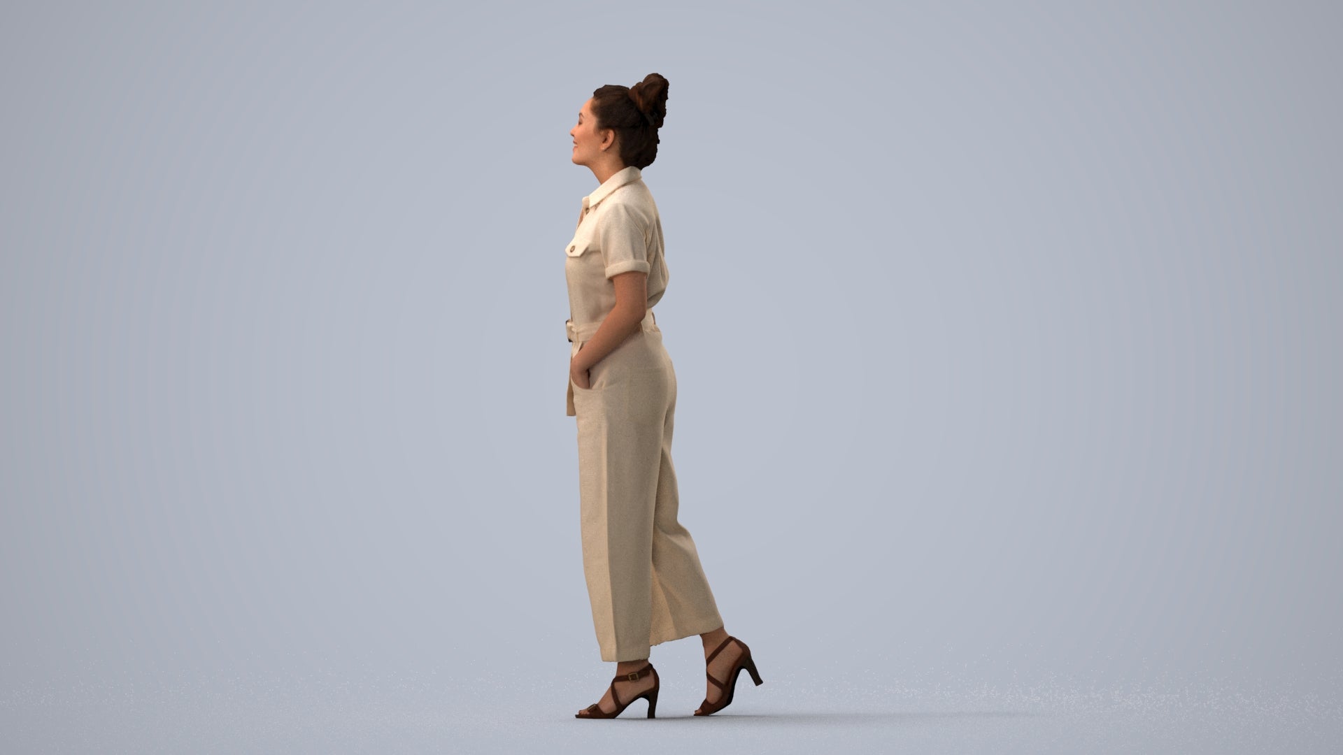 photogrammetry 3D woman formal walking, realistic human model archviz FBX, three-quarter view render