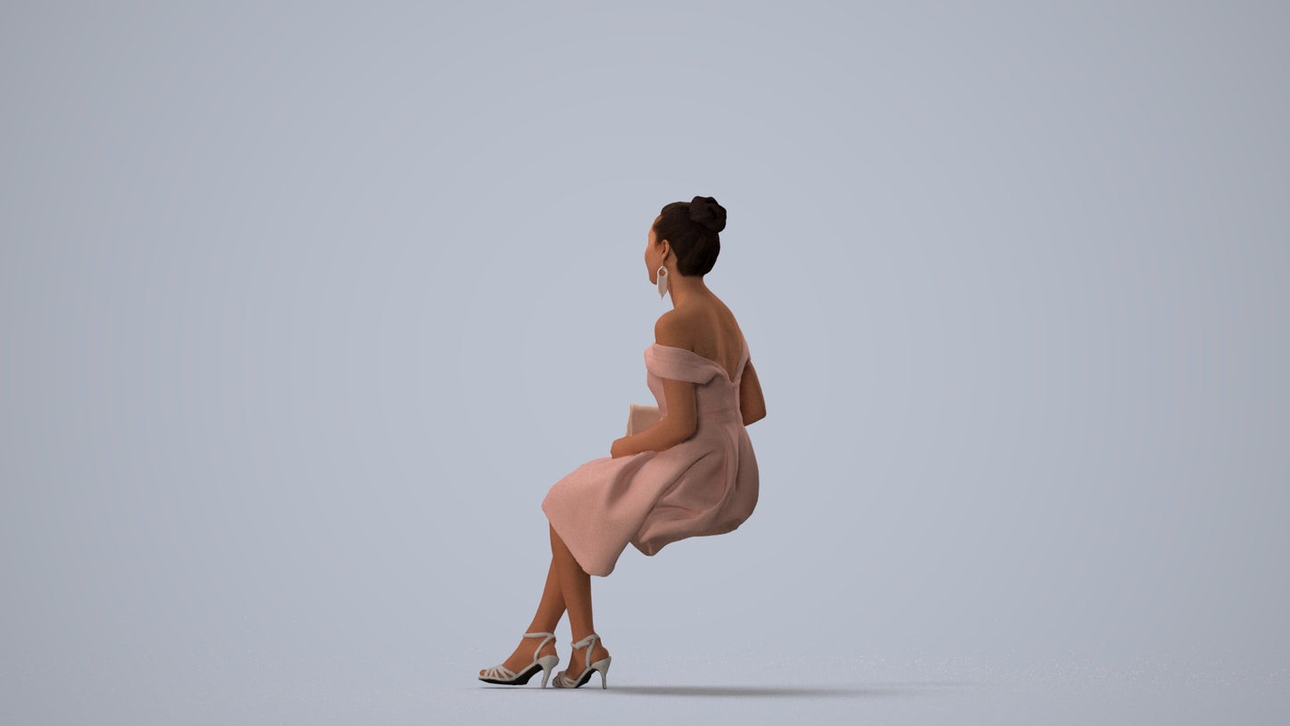 3D human model woman formal, photogrammetry scanned person for archviz, three-quarter view render