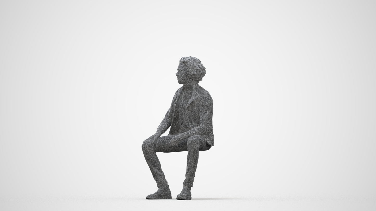 scanned 3D man casual sitting, photogrammetry people for Enscape and V-Ray, wireframe back view
