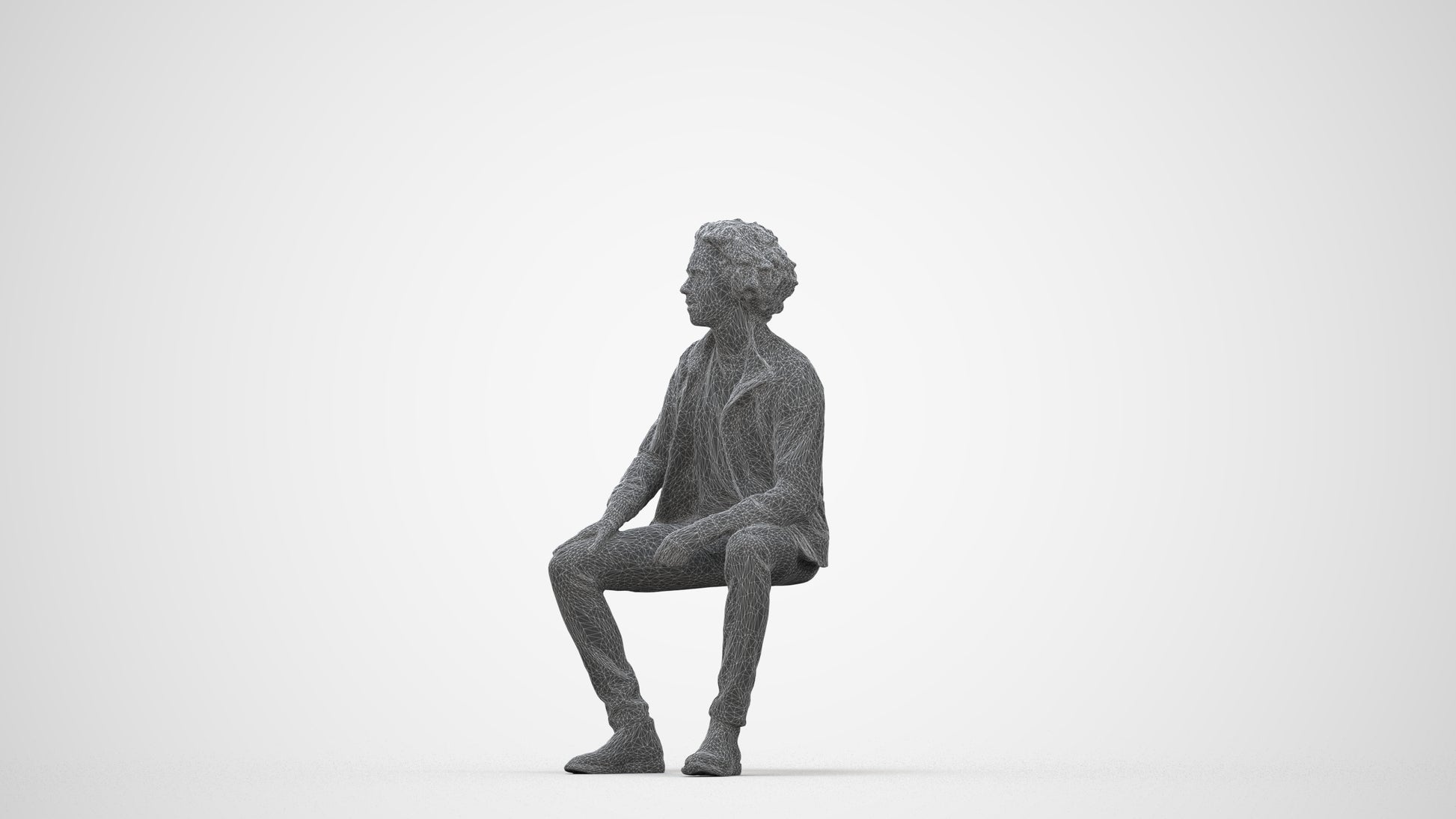 scanned 3D man casual sitting, photogrammetry people for Enscape and V-Ray, wireframe back view