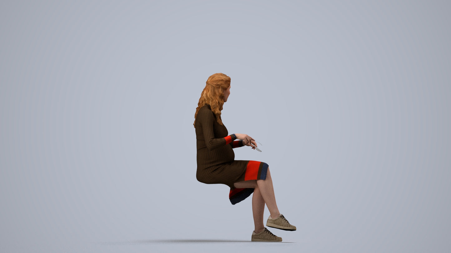 3D people model woman casual sitting, scanned human for 3ds Max rendering, side view render