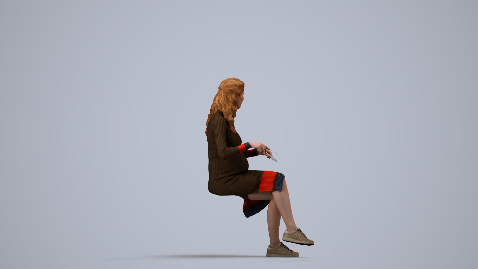 3D people model woman casual sitting, scanned human for 3ds Max rendering, side view render