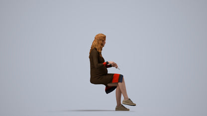 3D people model woman casual sitting, scanned human for 3ds Max rendering, side view render