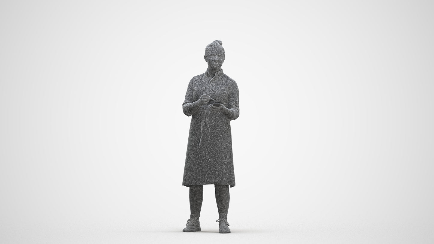 3D human model woman standing, photogrammetry scanned person for archviz, three-quarter front view render