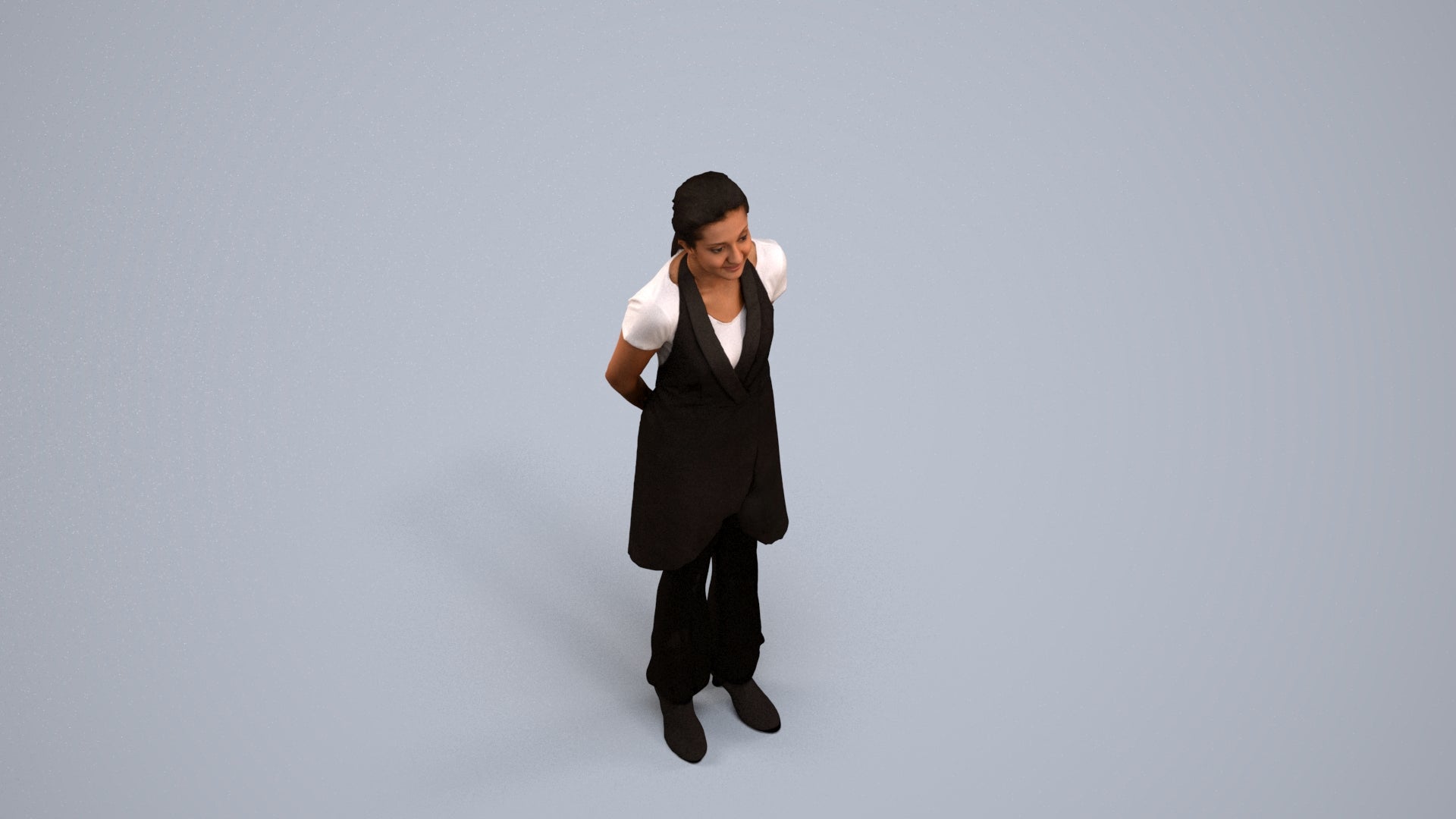 realistic 3D woman hospitality, scanned archviz people for Blender and 3ds Max, back view render