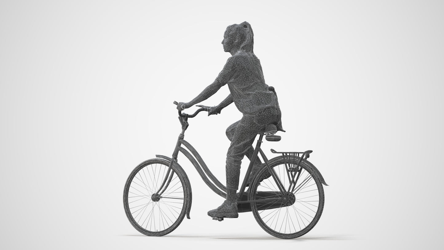 3D human model woman casual cycling, photogrammetry scanned person for archviz, square thumbnail