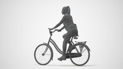 3D human model woman casual cycling, photogrammetry scanned person for archviz, square thumbnail