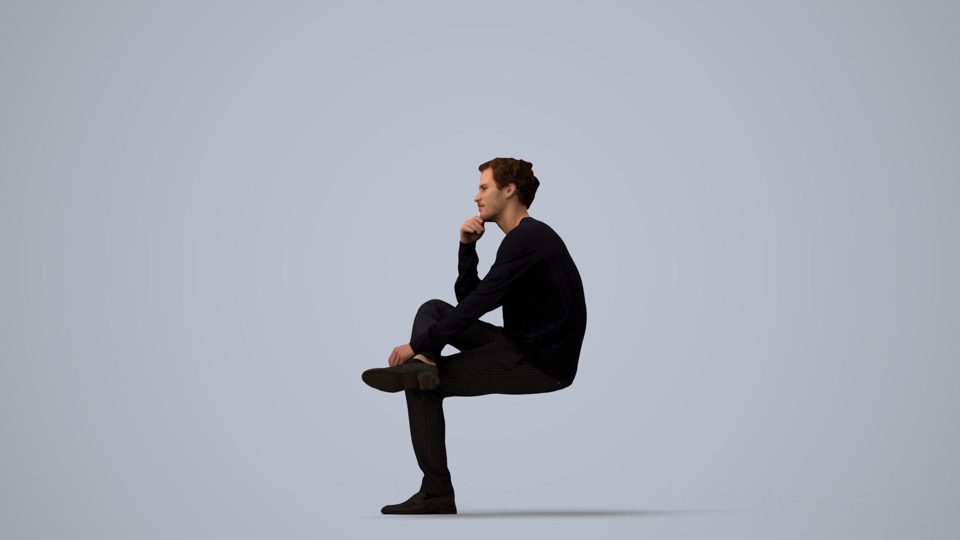3D people model man casual sitting, scanned human for 3ds Max rendering, three-quarter view render