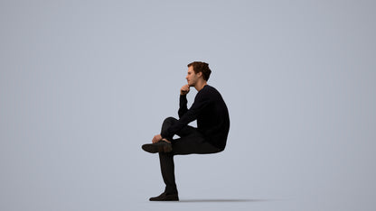 3D people model man casual sitting, scanned human for 3ds Max rendering, three-quarter view render