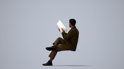 photogrammetry 3D man casual sitting, realistic human model archviz FBX, three-quarter view render