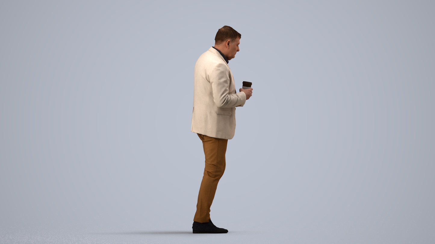 realistic 3D man business walking, scanned archviz people for Blender and 3ds Max, side view render